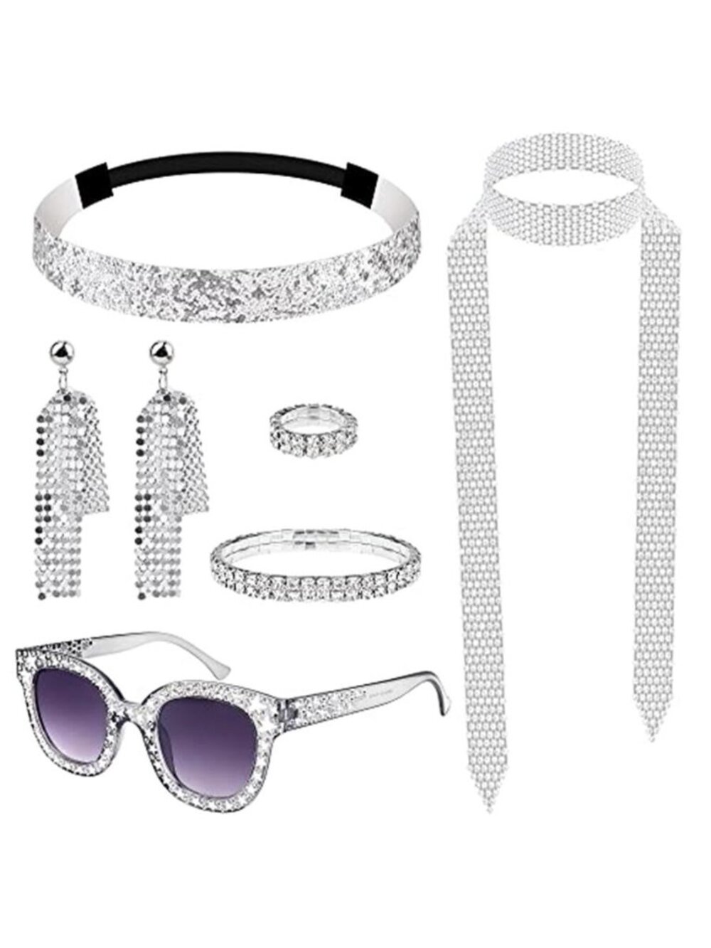 7Pcs Silver 1970s Disco Costume Accessory Set, Abba Fancy Dress for women